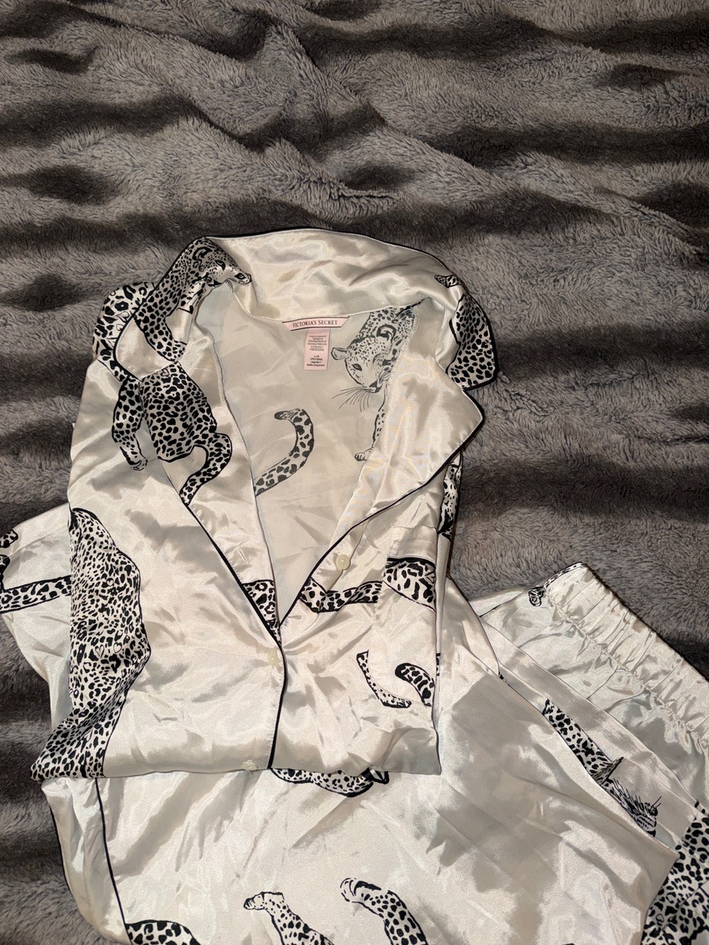 Victoria's Secret Cream Satin Leopard PJ Set with Black Print